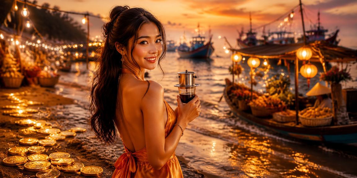 Người chơi sử dụng ứng dụng di động tại Mũi Né với tách cà phê